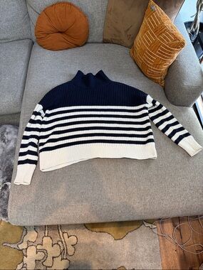 Emerson Fry Navy and White Striped Turtleneck Sweater